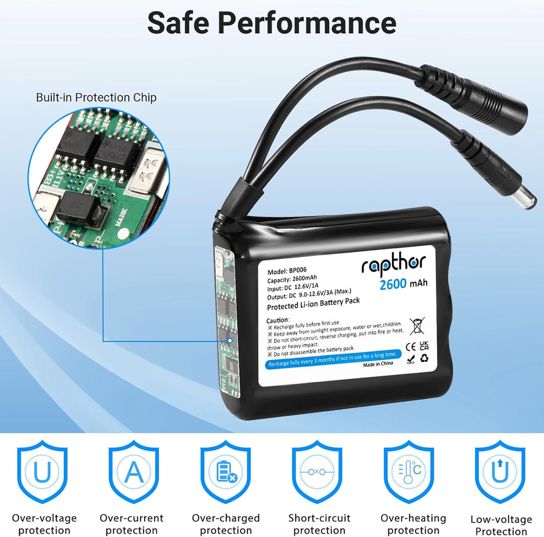 Rapthor Wiederaufladbarer 12V 2600mAh Lithium-Ionen-Akku mit Ladegerät, kompatibel mit 12V-Geräten,