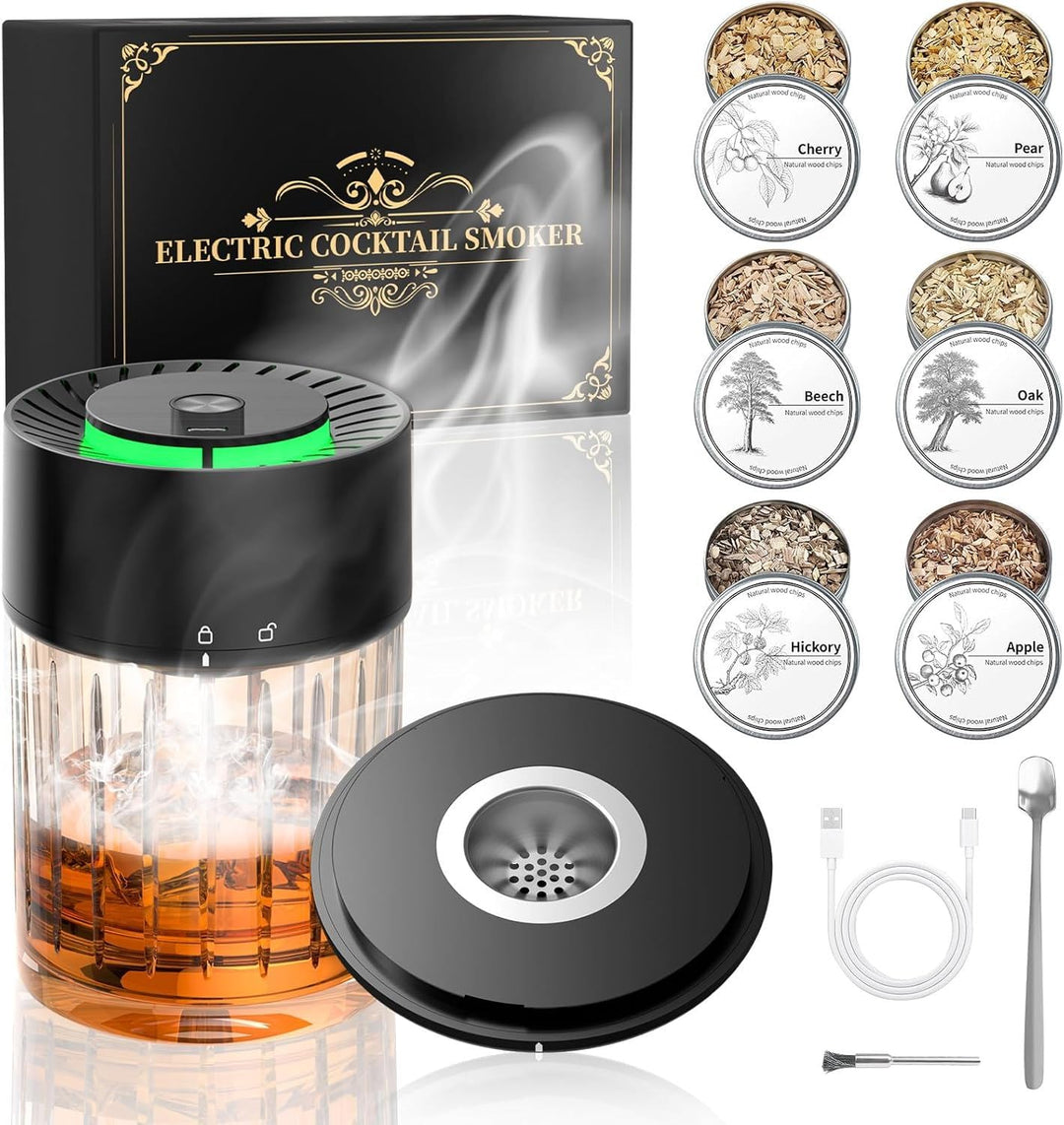 Electric Whisky Smoker Set, Cocktail Smoker Kit mit 6 Holzspänen, Whiskey Smoker Kit Mit Eingebautem