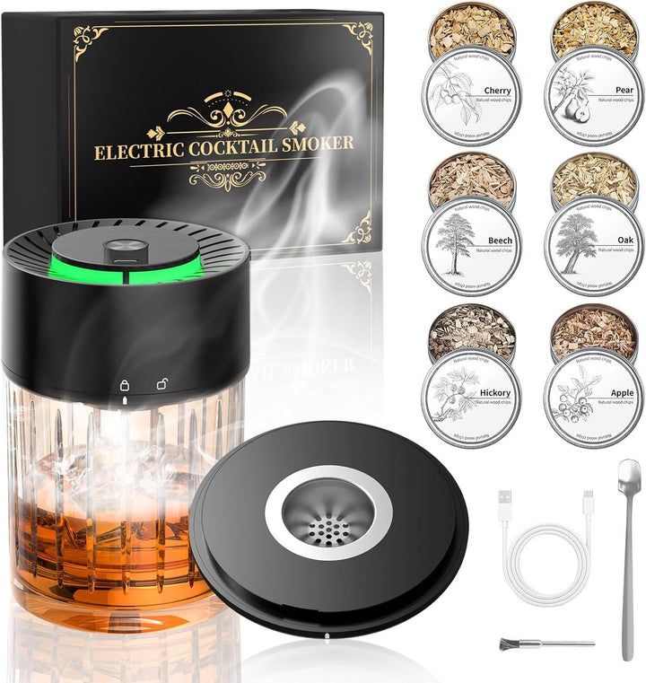 Electric Whisky Smoker Set, Cocktail Smoker Kit mit 6 Holzspänen, Whiskey Smoker Kit Mit Eingebautem