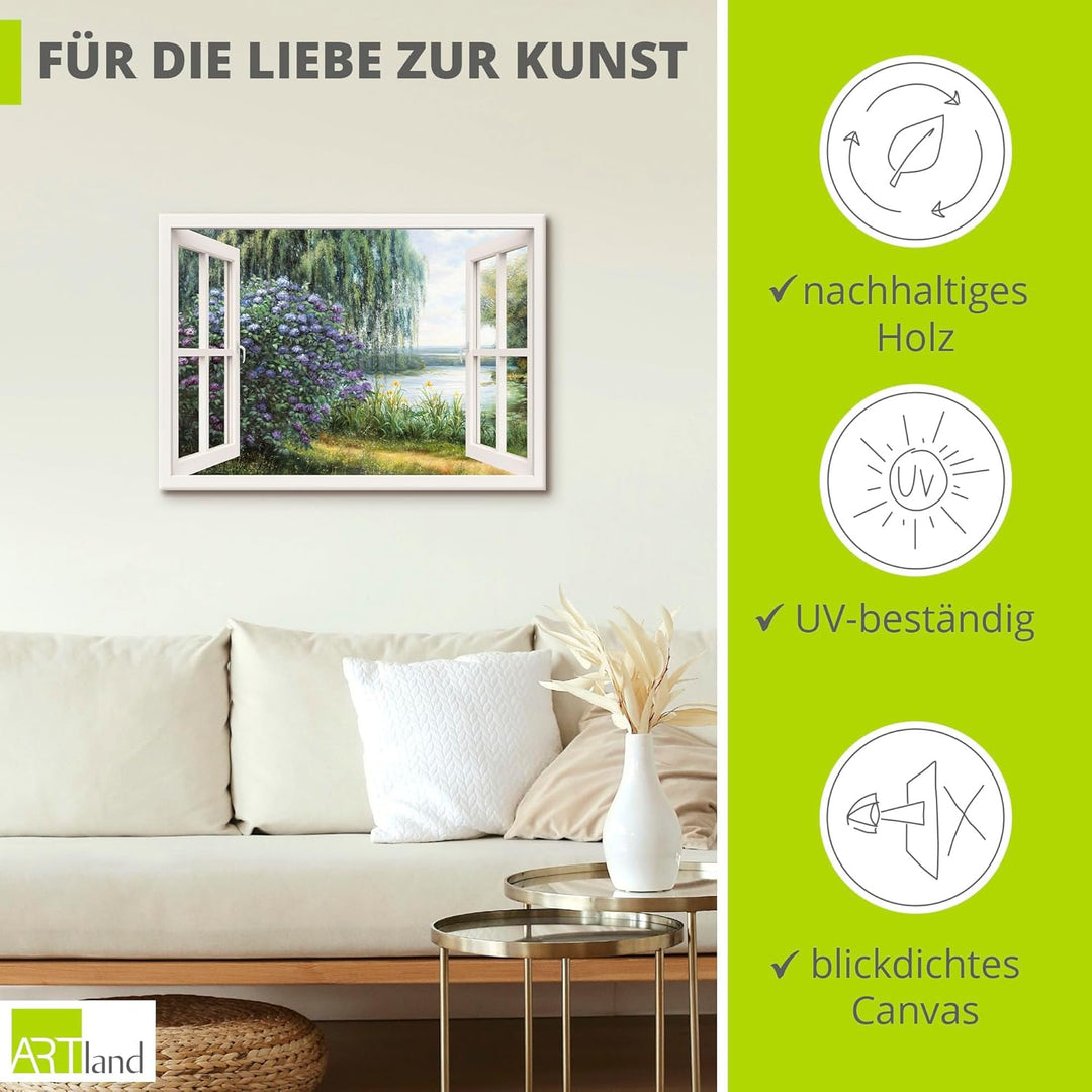 ARTland Leinwandbilder Wandbild Bild auf Leinwand 100x70 cm Landschaften Fensterblick J4WF Hortensie