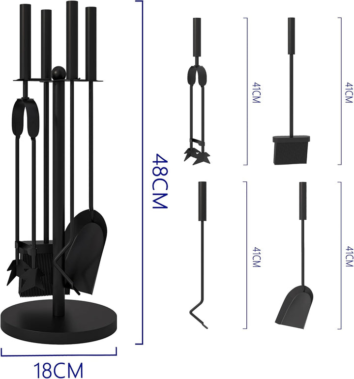 Kingson Kaminbesteck 5-teilig schwarz - Ø 20 x 48 cm - Kaminofen Zubehör - Komplettes Kaminbesteck f