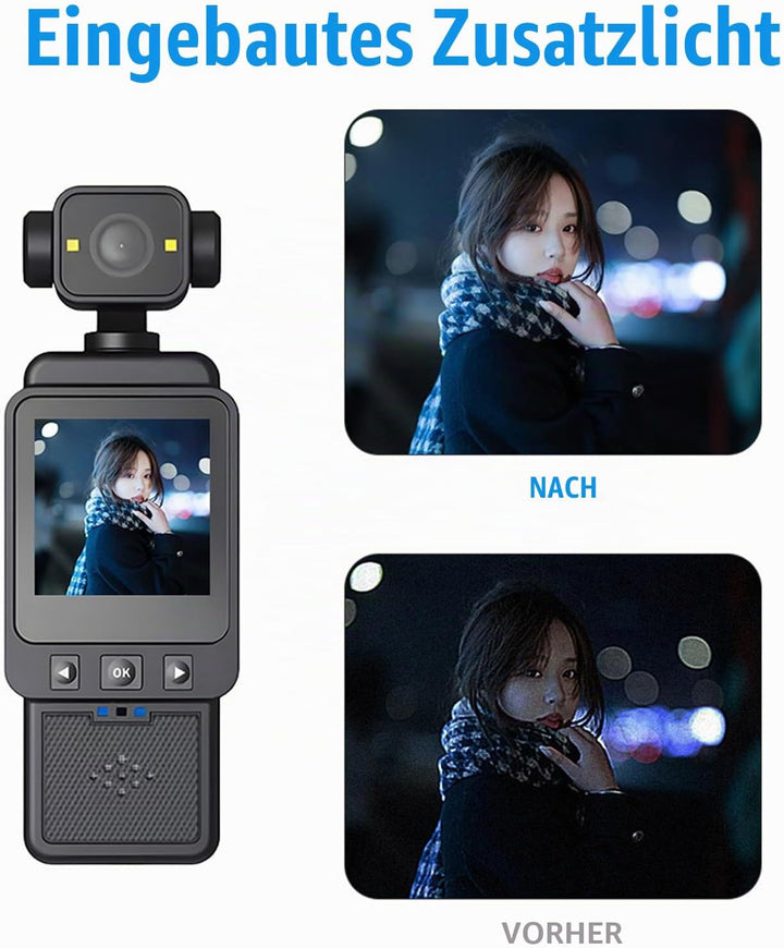 Denash 1080p Vlog -Kamera, Multi -Achse -Stabilisierung mit 270 -Grad- und 180 -Grad -Objektivrotati