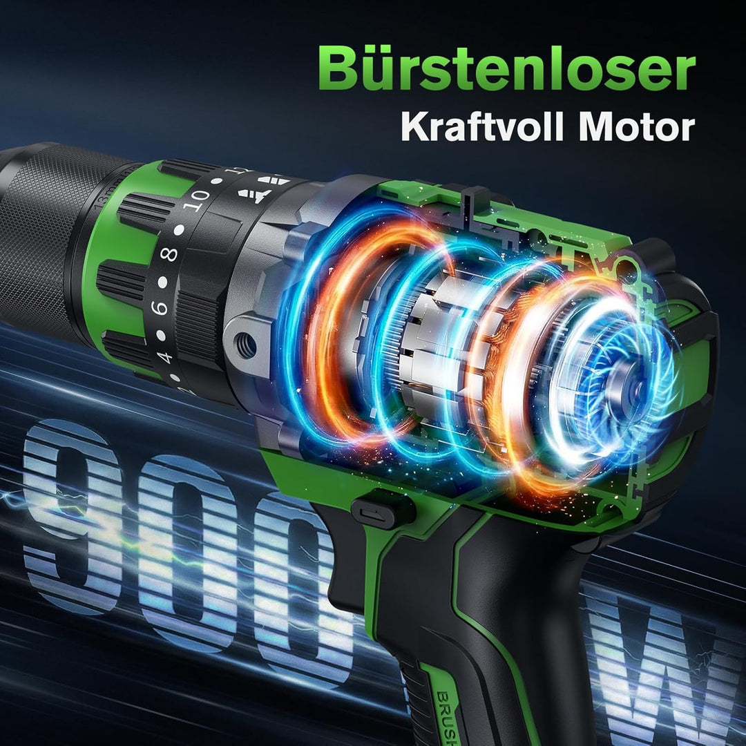 Ginour 21V Bürstenlos Akku Schlagbohrschrauber Set, 90 Nm, 2x2Ah 10C Akku, kompatibel mit Makita 18V