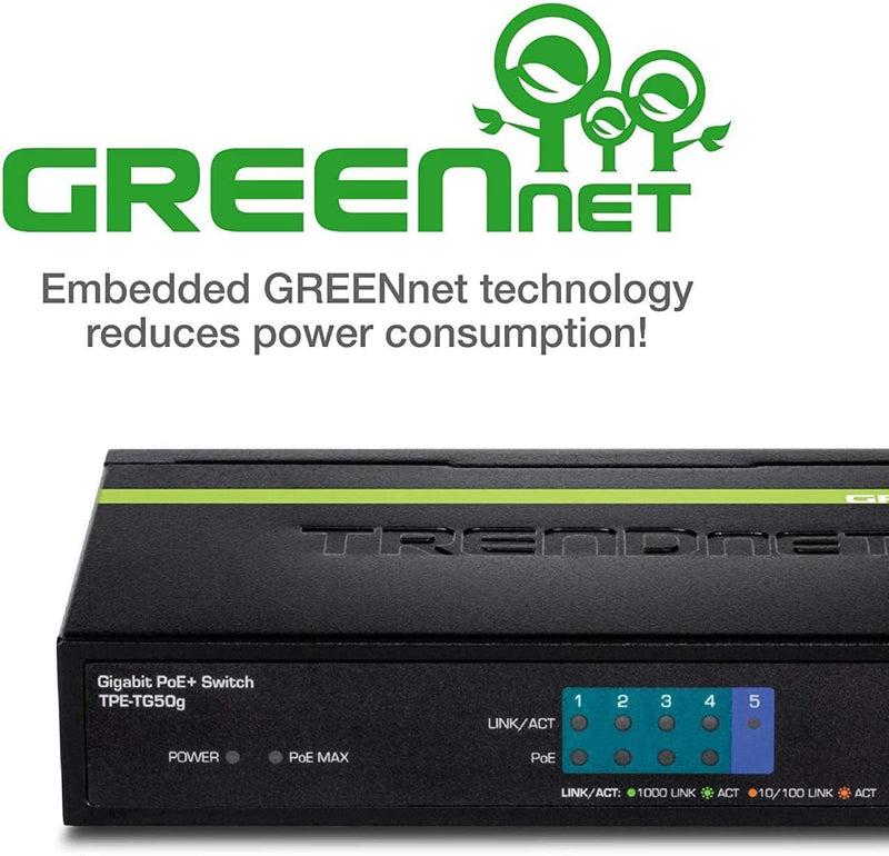 TRENDnet TPE-TG50G 5-Port Gigabit PoE+ Switch, 31 Watt PoE Gesamtleistung, 10 Gbit/s Schaltkapazität