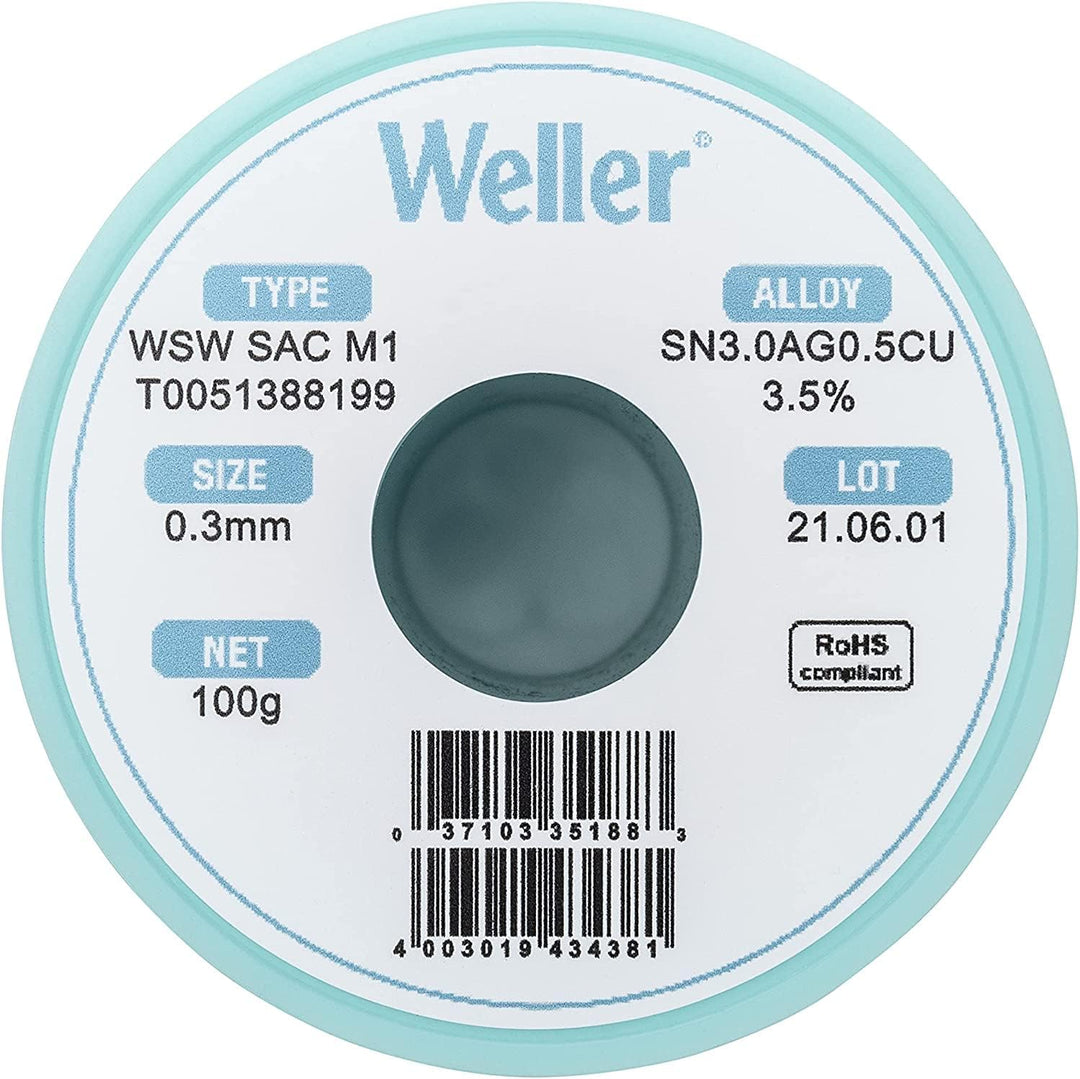 Weller WSW SAC M1 (T0051388199) Bleifreier Lötdraht, Ø 0,3 mm, Legierung Sn96.5Ag3Cu0.5, Flussmittel