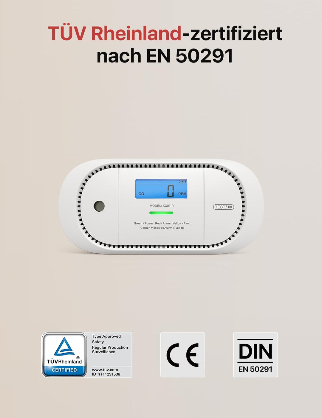 X-Sense Kohlenmonoxid-Warnmelder mit digitaler LCD-Anzeige, CO-Warnmelder mit austauschbarer Batteri
