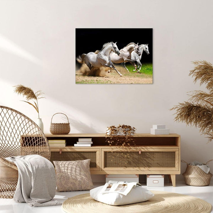 Bilder auf Leinwand Pferde Sand Gras Leinwandbild mit Rahmen 70x50cm Wandbilder Dekoration Wohnzimme