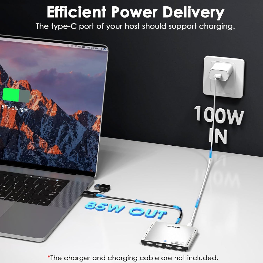 WAVLINK USB 3.0/C to Quad HDMI Splitter Extended Display for Four Monitor with 85W PD, Displaylink A