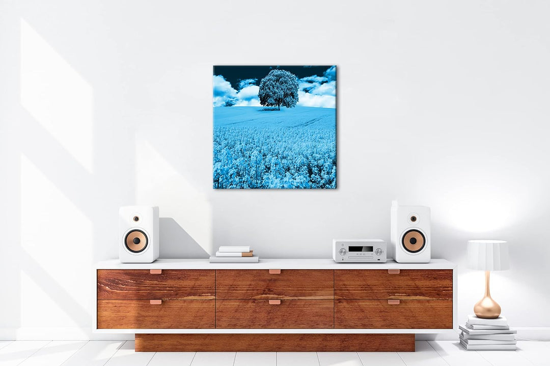 deyoli einzelner Baum im Rapsfeld Format: 70x70 Effekt: Monocrome Blau als Leinwandbild, Motiv ferti