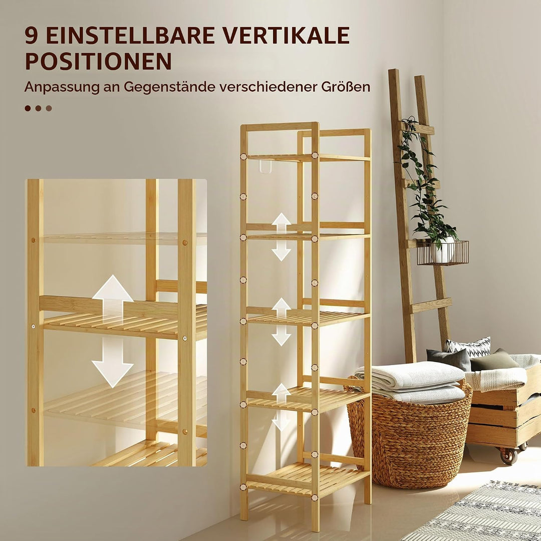 HOMCOM Badregal, Badezimmerregal mit 5 Ebenen, Aufbewahrungsregal aus Bambus, Standregal mit verstel