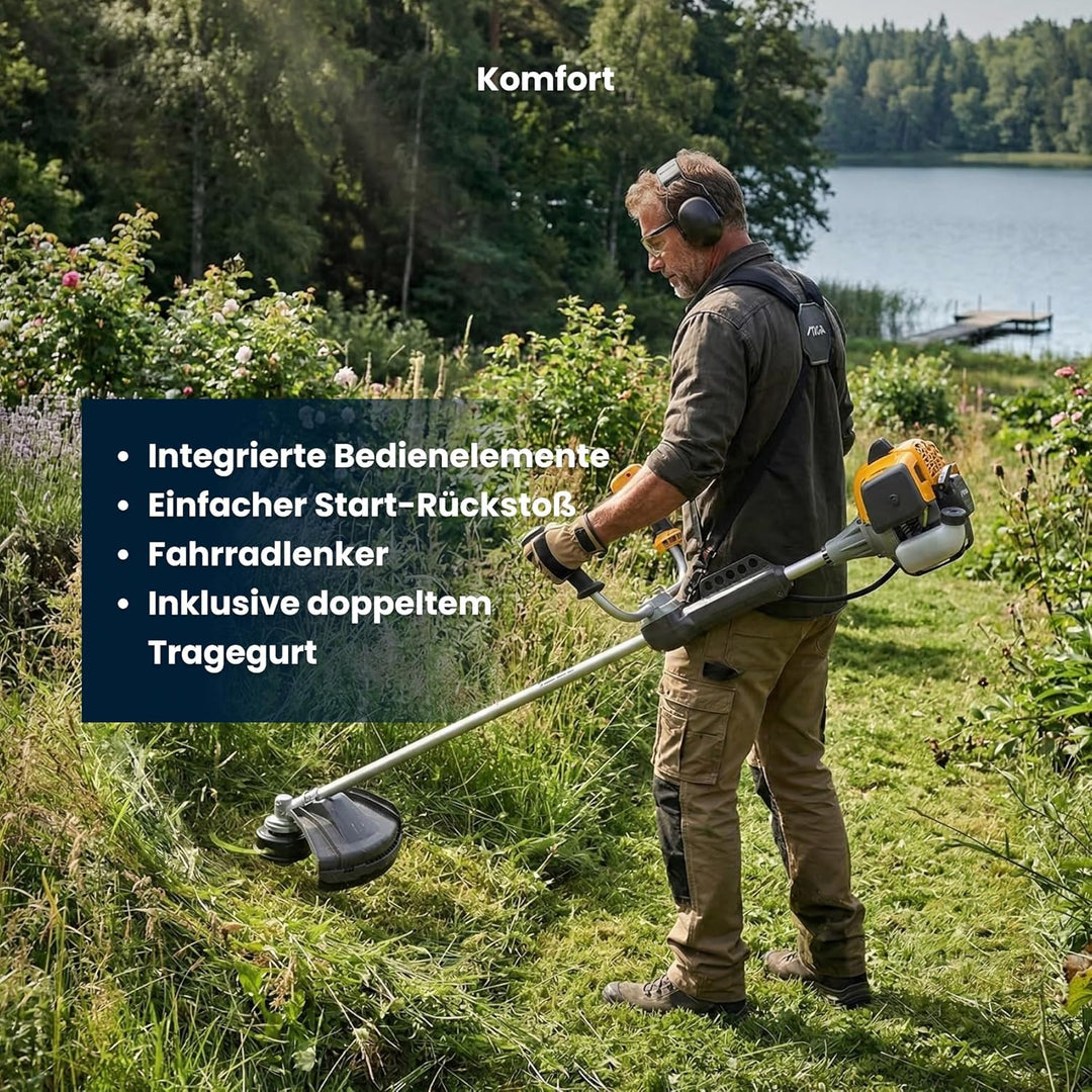 STIGA BC 545 B Benzin-Motorsense, 42,7 cm³, 45 cm – Tap&Go Doppelleinenkopf, 3-Zahnmesser – Für Gart
