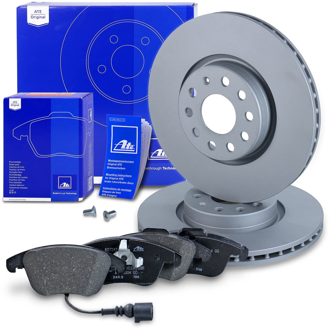 ATE Bremsenset Vorderachse inkl. Bremsscheiben vorne Ø 312 mm belüftet und Bremsbeläge vorne + Warnk