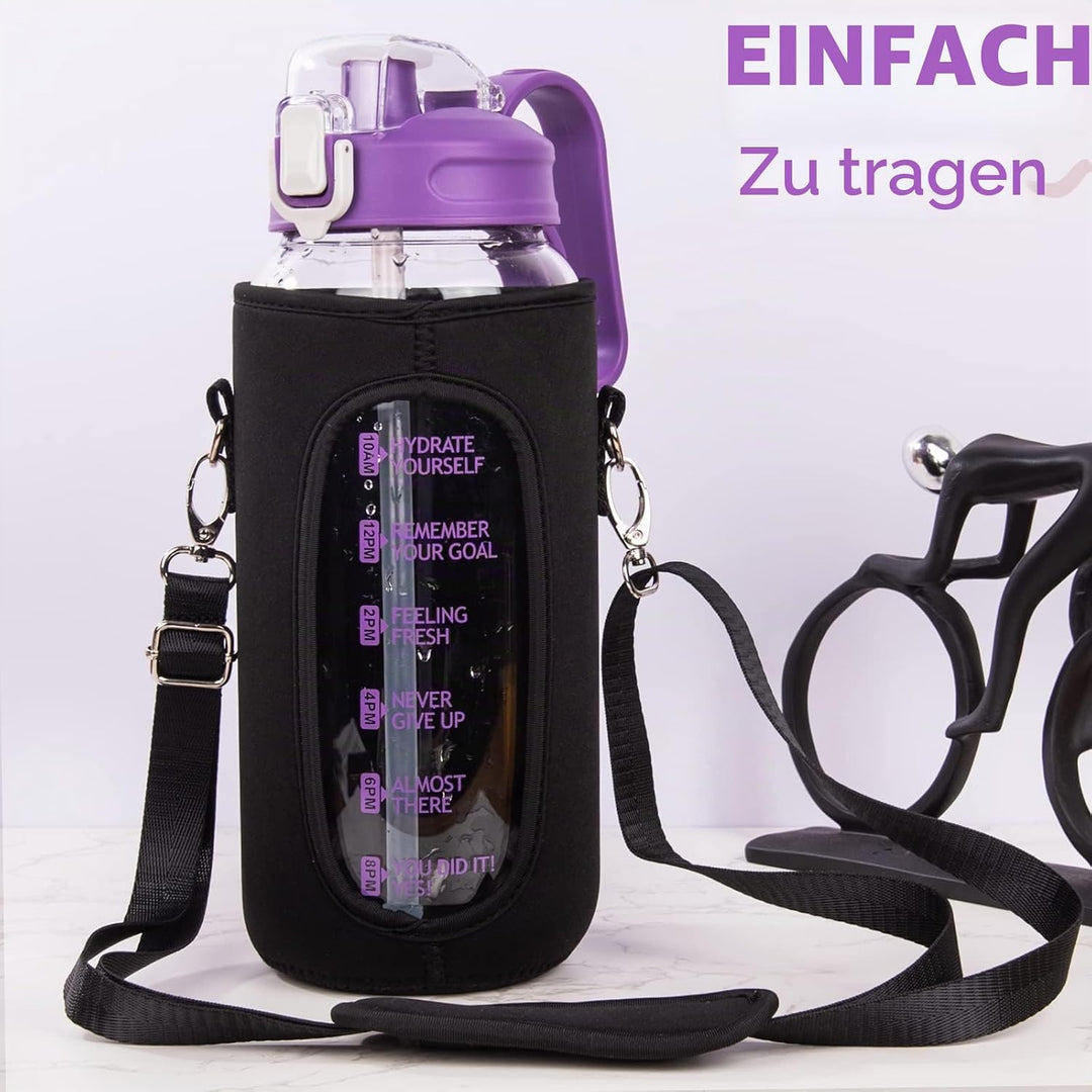 2l Trinkflasche Glas mit Strohhalm &amp; Zeitmarkierung 2 liter Grosse Motivation Glasflasche mit Uhrzei