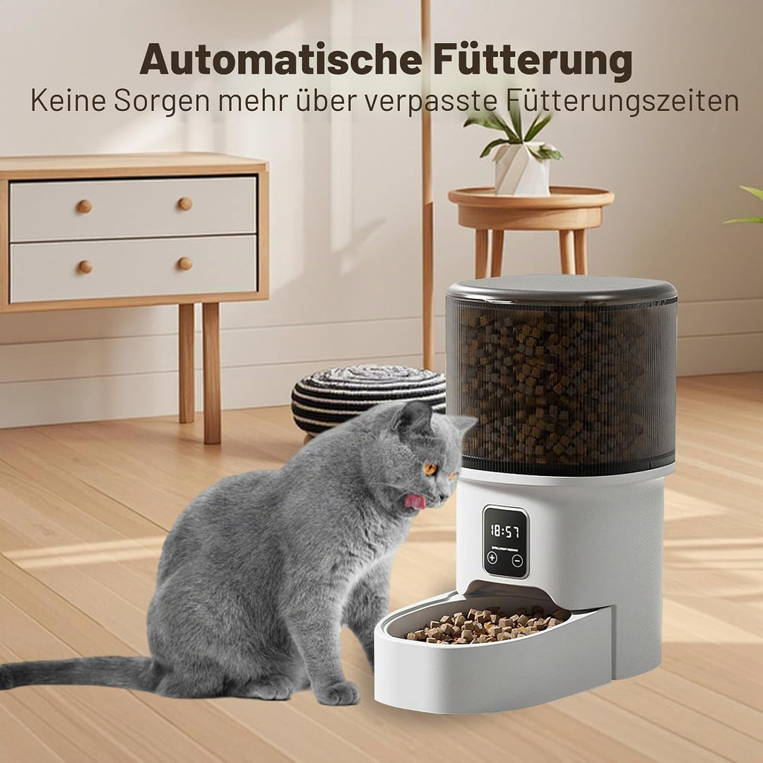 4L Trockenfutterautomat Katze &amp; Hund, Zeitgesteuerter Futterspender mit Portionskontrolle 1-6 Mahlze