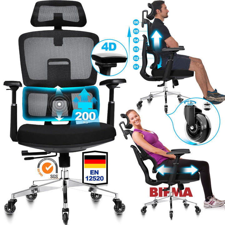 Bürostuhl Ergonomisch 200KG | 6P Verstellbare Rückenlehne | 4D-Armlehnen | Leises Gummirollen | Sitz