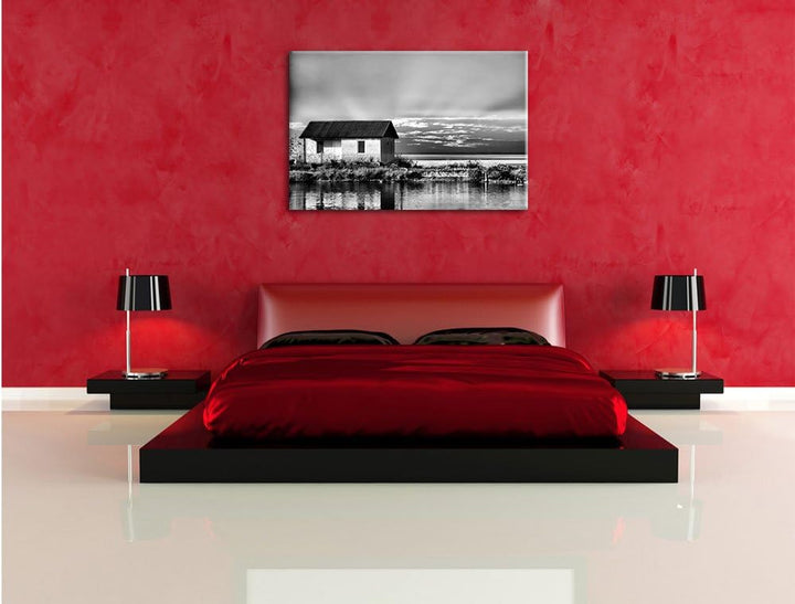 Pixxprint Haus am See bei Sonnenuntergang als Leinwandbild/Grösse: 100x70 cm/Wandbild/Kunstdruck/fer