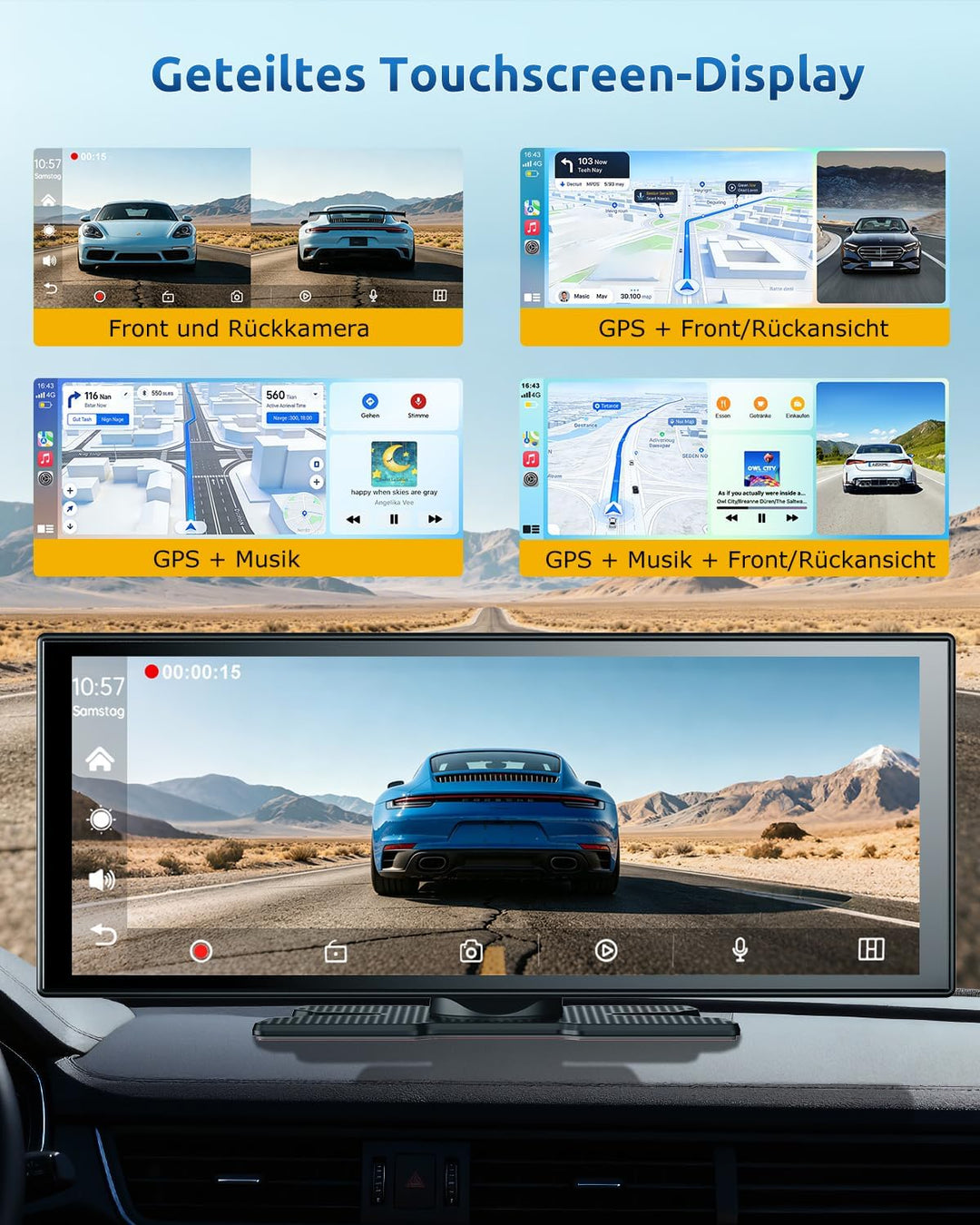 ESSGOO 11 Zoll Kabelloses CarPlay Display mit 4K 360° drehbare Frontkamera 1080P Rückfahrkamera Drah