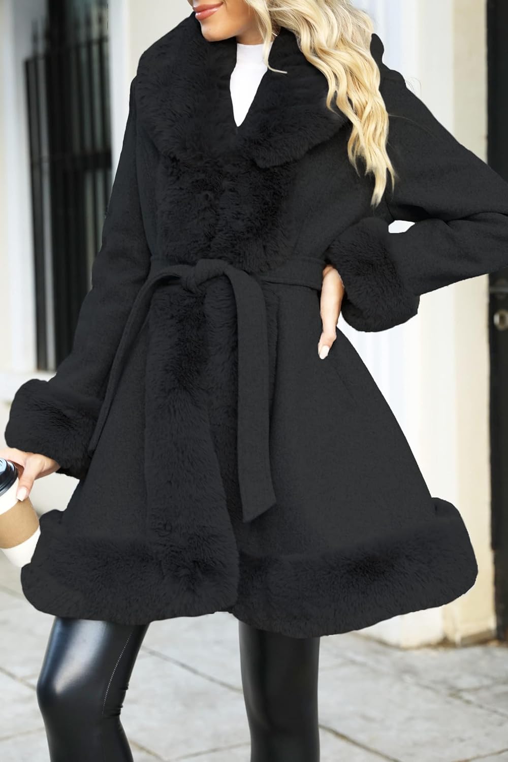 Giolshon Langer Damen Oberbekleidung aus Kunstleder und Wollimitat mit Gürtel Fleece Kleid Warmer Wi