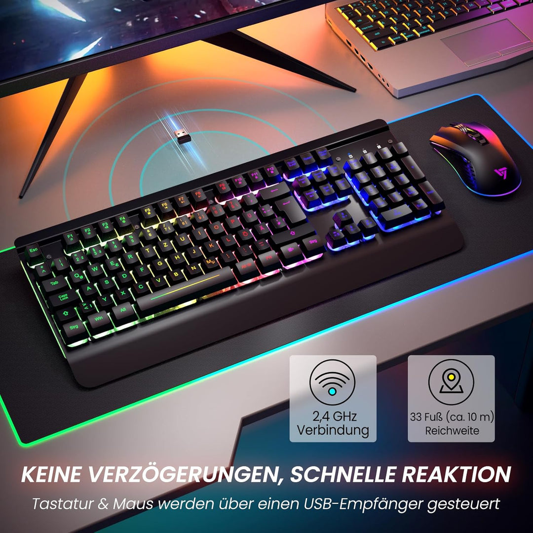 RisoPhy Gaming Tastatur Maus Set Kabellos, QWERTZ, Metallplatte, 7 Farben Beleuchtet, Wiederaufladba