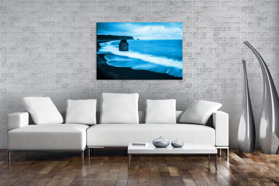 deyoli Küstenstrand in Island Format: 80x60 Effekt: Monocrome Blau als Leinwandbild, Motiv fertig ge