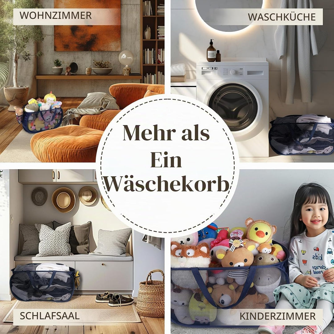 Pop Up Wäschekorb 2 Stk (36 * 36 * 58 cm), Klappbar Mit Griff, Faltbarer Mesh Aufbewahrungskorb, Lau