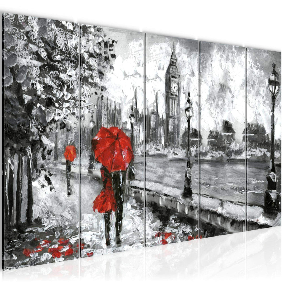 Runa Art Wandbild XXL London Wohnzimmer Schlafzimmer 200 x 80 cm Rot Grau 5 Teilig - Made in Germany