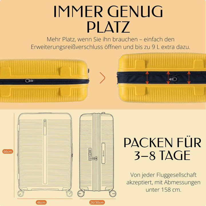 Eminent Finno Koffer Mittelgross 66x46x26 cm, Erweiterbar, Hartschalenkoffer, 4 Rollen, Leicht, TSA