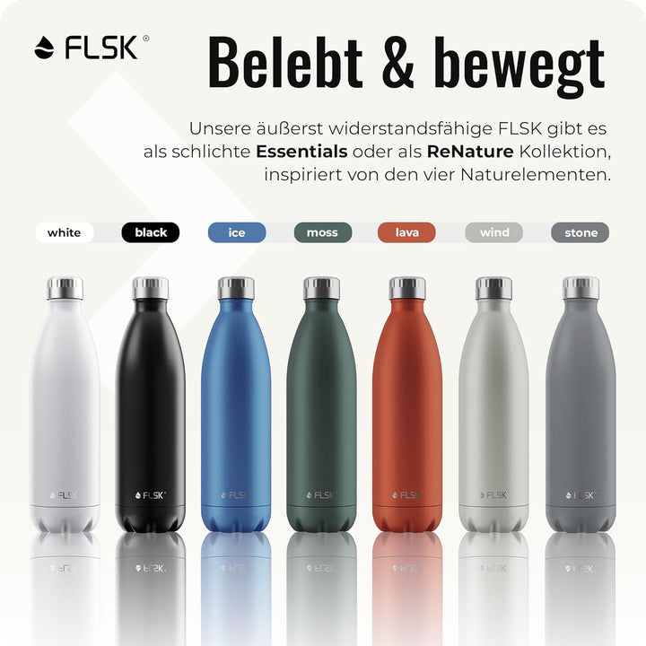 FLSK Edelstahl Next Gen Essentials Trinkflasche (500 ml, 750 ml, 1000 ml) - widerstandsfähig, kohlen