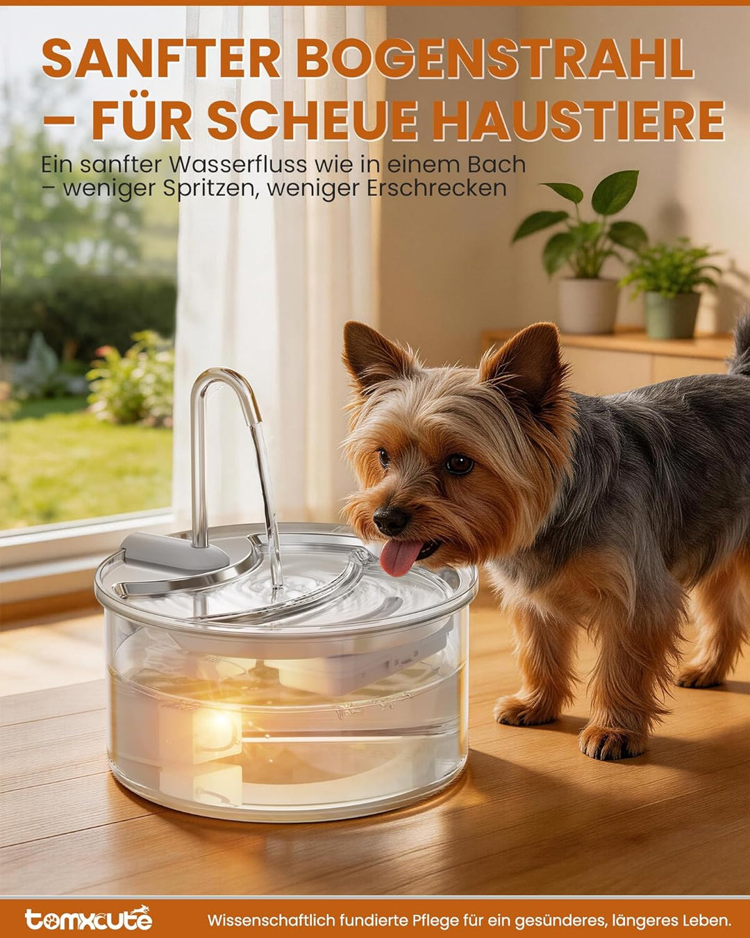 Tomxcute Katzenbrunnen Glas 2,5L – Trinkbrunnen Katze leise, für 1–2 Katzen, Stufen-Design, warmes L