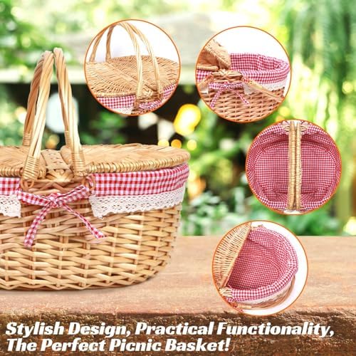 Picknickkorb aus Weidengeflecht Im Landhausstil,Roter Kariert Weidenkorb,26X18X15 cm,Ovaler Picknick
