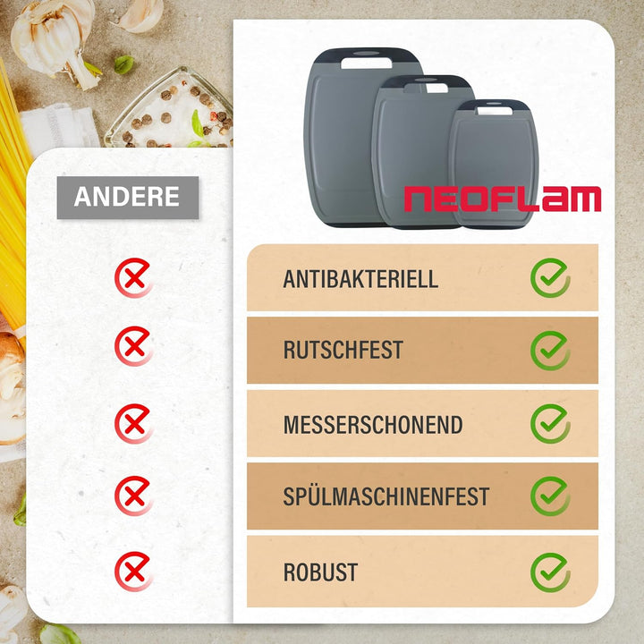 NEOFLAM® – Antibakterielles Schneidebrett Kunststoff rutschfest - 3er Set Schneidbretter Microban® S