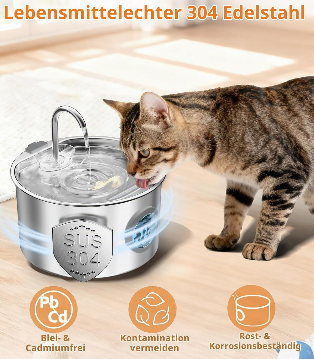 UPAWPIA 3.2L Katzenbrunnen Edelstahl mit 8 Filtern Trinkbrunnen für Katze Katzenbrunnen für Katzen m