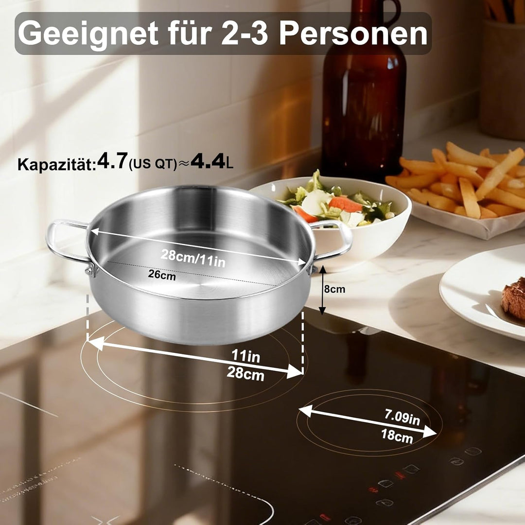 Schmorpfanne 28 cm,Höhe 8 cm,4.4L,3-Schicht Edelstahl Pfanne,Schmortopf mit Deckel,Stainless Steel P