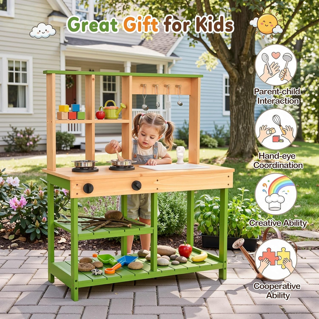 BRINJOY Matschküche Kinder Outdoor, Spielküche Kinder Holz-Matschküche für draussen mit realistische