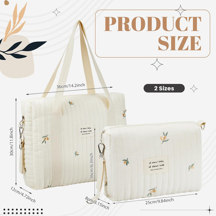 Paterr 2 Pcs Diaper Bag Tote for Baby Small Multifunction Maternity Bag Quilted Cotton Cute Stroller
