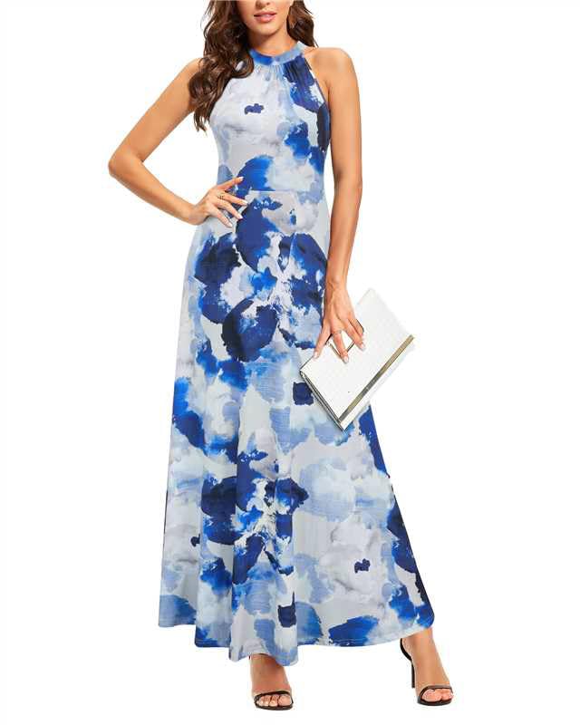 STYLEWORD Damen Neckholder Elegant Sommerkleid Ärmellos Blumenkleid Maxikleid Lange Strandkleid, M F