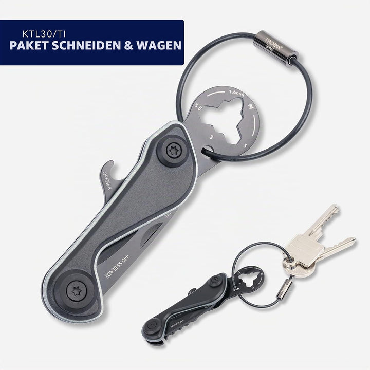 Schlüsselanhänger Mini-Werkzeug 9 Funktionen – PARCEL CUT &amp; CART – Einkaufswagenlöser, Paketmesser,