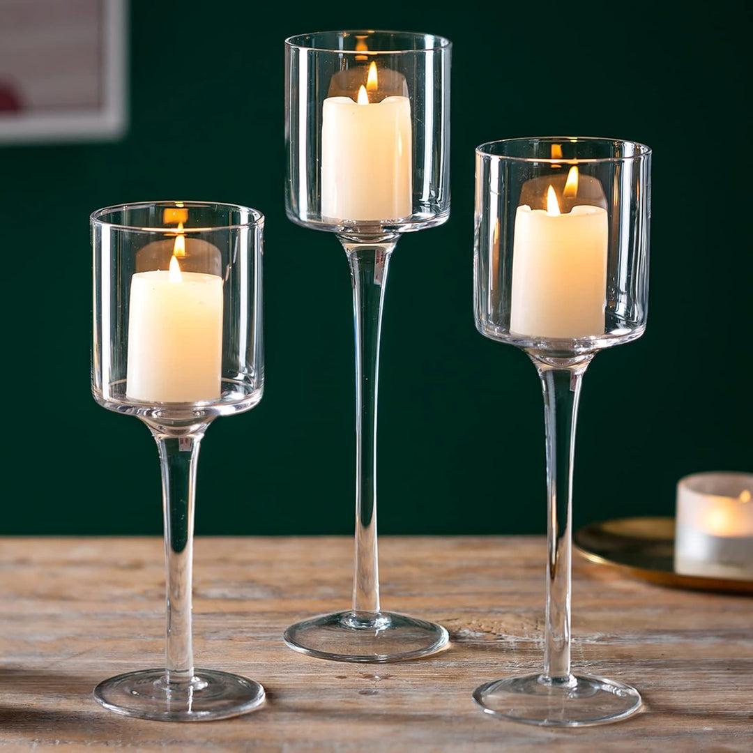 Sziqiqi 3 Stück Teelichthalter Glas - Elegante Kerzenständer Hohe Kerzenhalter Stumpenkerzen Windlic