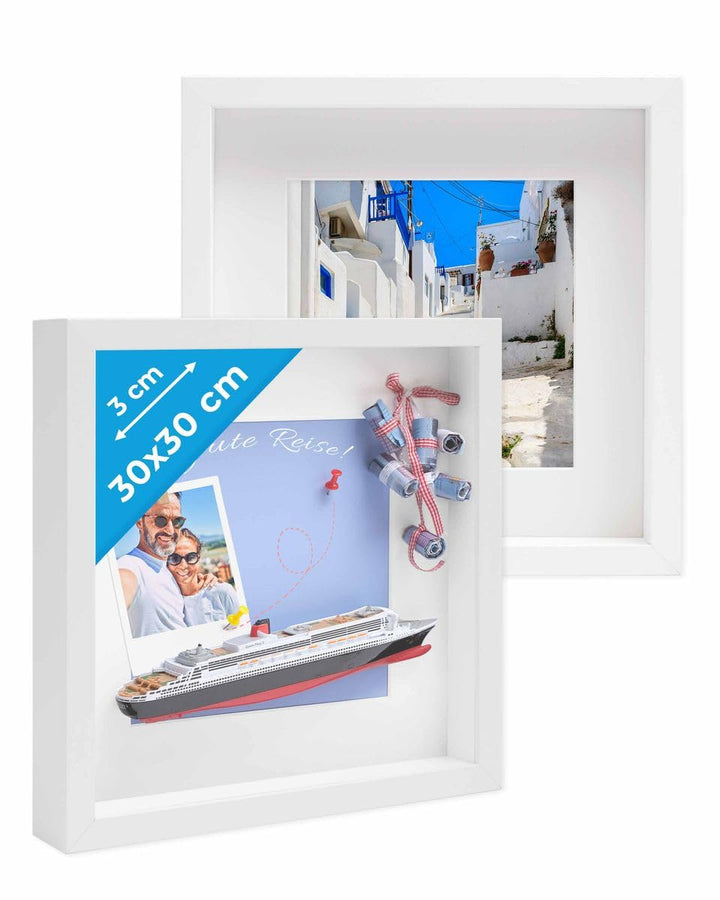 PHOTOLINI 3D Bilderrahmen zum Befüllen 30x30 Weiss gross, 3 cm tiefer Objektrahmen mit Glas, 2X tief