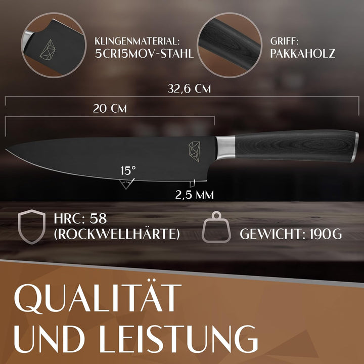 Glavory - Küchenmesser mit schwarzer Klinge und Holzgriff - 20cm Klinge - Kochmesser mit extrem scha