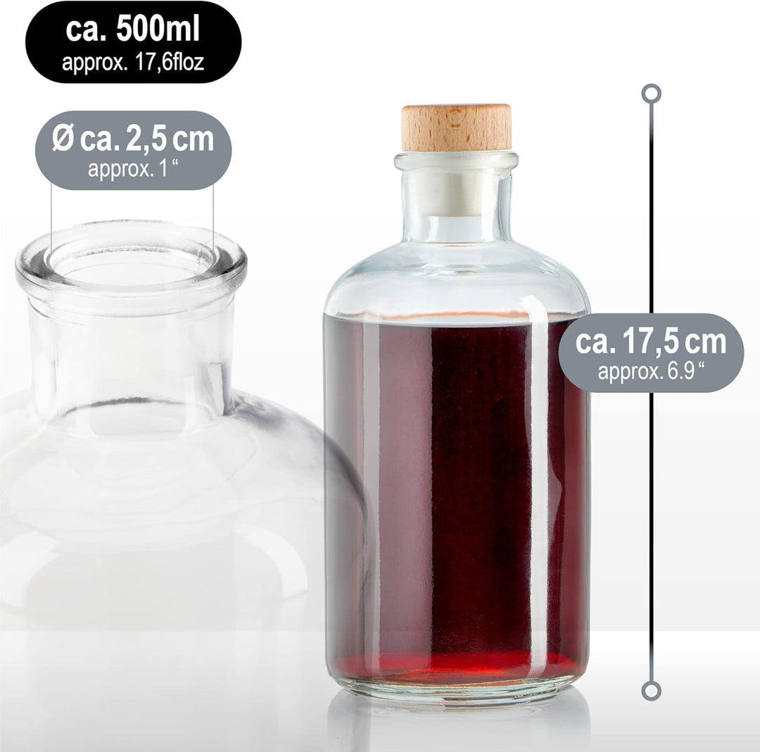 COM-FOUR® 6x Glasflasche 500 ml mit Korken - leere Flasche mit Korkenverschluss - Glasbehälter zum B