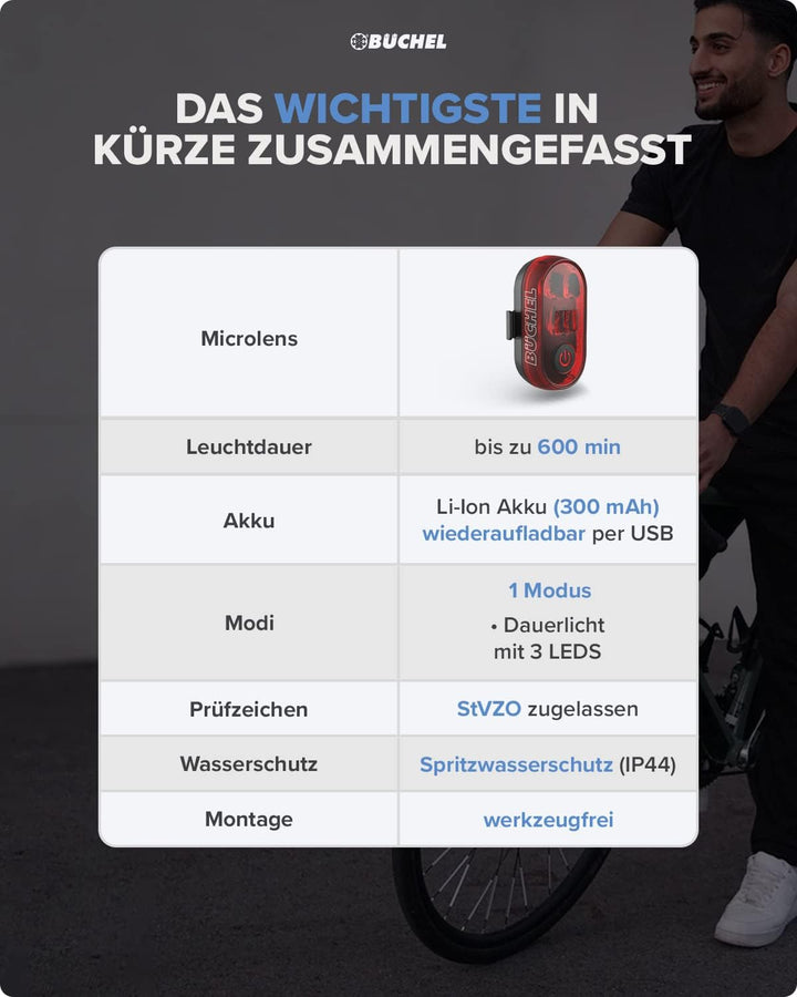 Büchel Fahrrad Rücklicht LED I Aufladbar I StVZO zugelassen I Rücklicht Fahrrad, Rücklicht Ebike, Fa