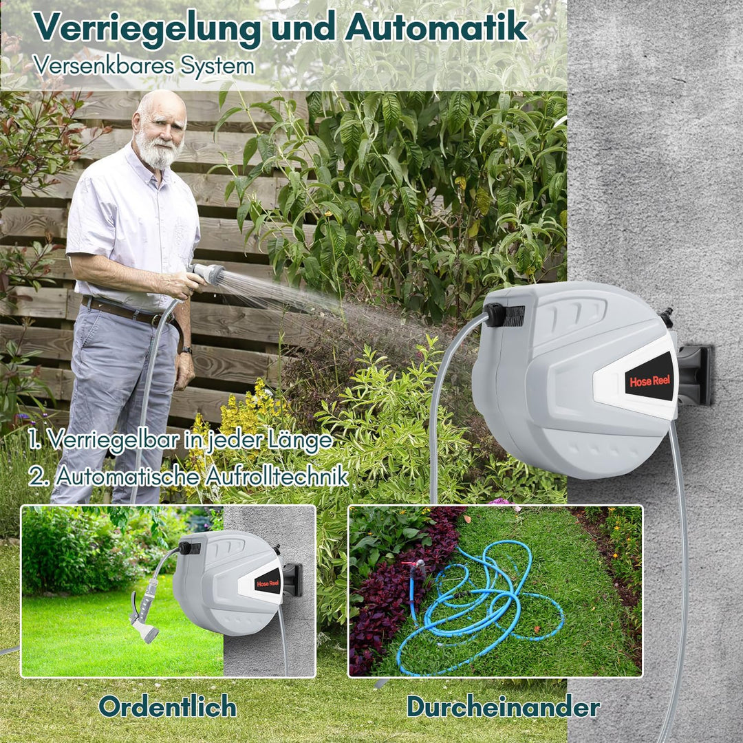Schlauchtrommel 20m, Gartenschlauch Trommel mit Handbrause, Aufroll-Automatik Schlauchbox, Schlaucha