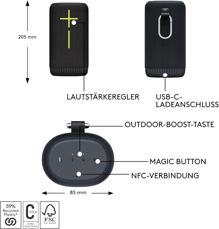ULTIMATE EARS EVERBOOM kabelloser mobiler Bluetooth-Lautsprecher, satte Bässe, immersiver 360-Grad-S