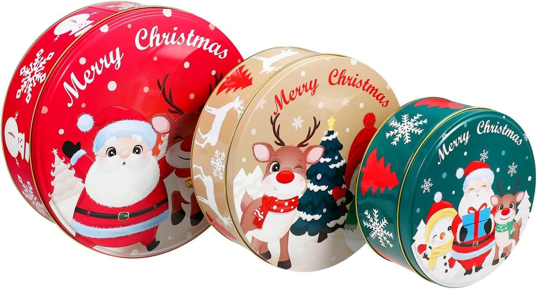 HEMOTON Weihnachtskeksdosen Set aus Metall, Rund Keksdosen mit Deckel für Weihnachten, Plätzchendose