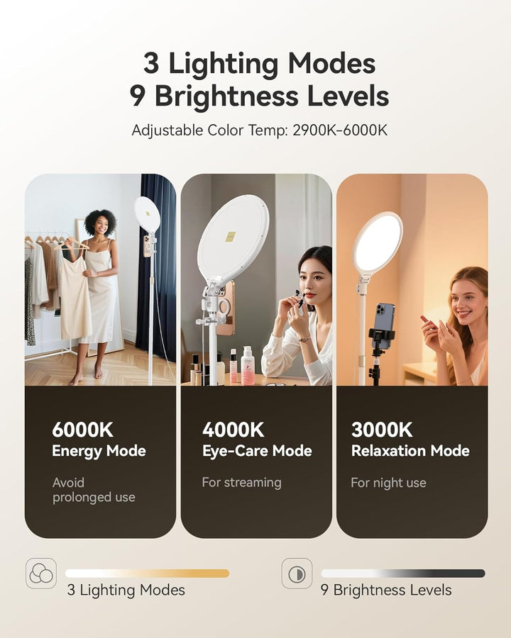 TELESIN Augensicheres Ringlicht mit Stativ, 6500K Weiches Vollbildlicht, 9 Helligkeitsstufen + 3 Lic