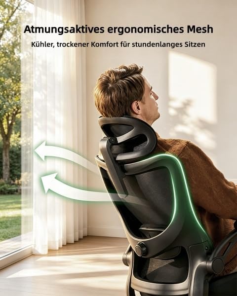 Marsail Bürostuhl Ergonomisch Schreibtischstuhl hat Verstellbarer Lordosenstütze Kopfstütze und Arml