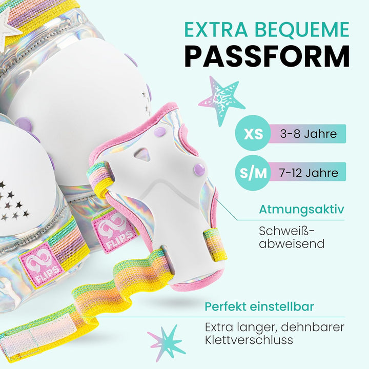 99FLIPS Inliner Schoner Kinder Set - TÜV Rheinland GS Zertifiziert [6er Set] mit Einhorn Beutel für