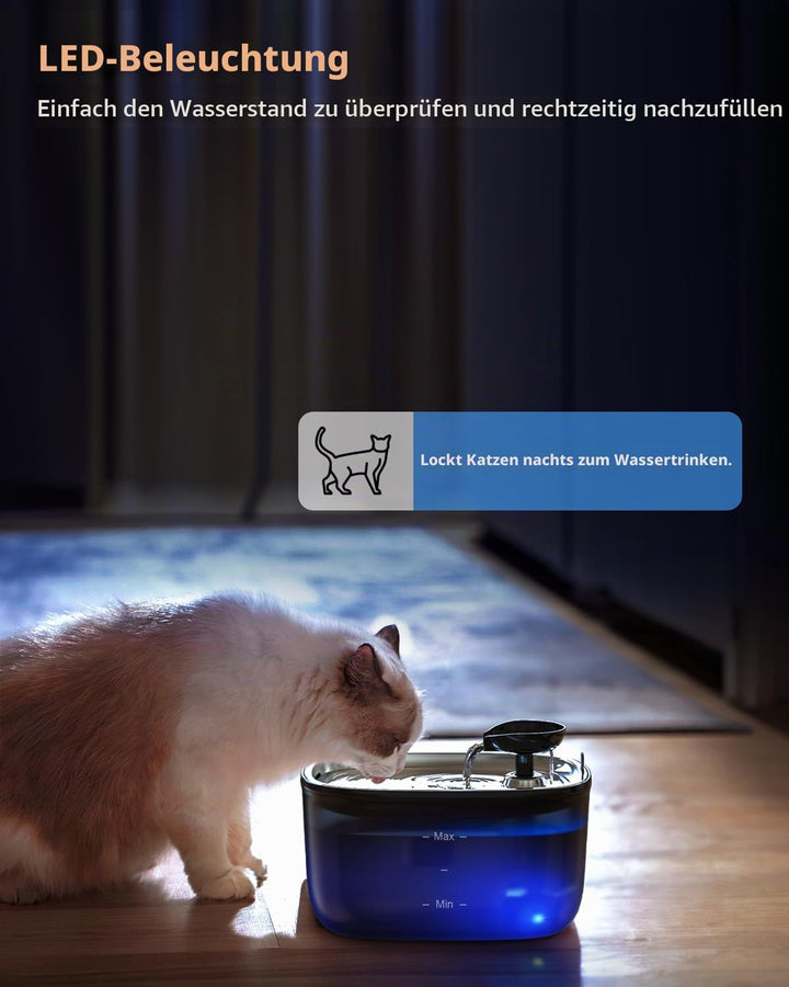 Stouchi Katzenbrunnen,Super Leise Edelstahl Trinkbrunnen für Katzen 2.5L Trinkbrunnen für Katze,LED