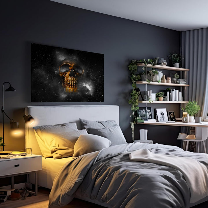 wandmotiv24 Leinwand-Bilder Totenköpfe, Grösse 80x60cm, Querformat, Totenkopf in Gold, Knochen, Welt